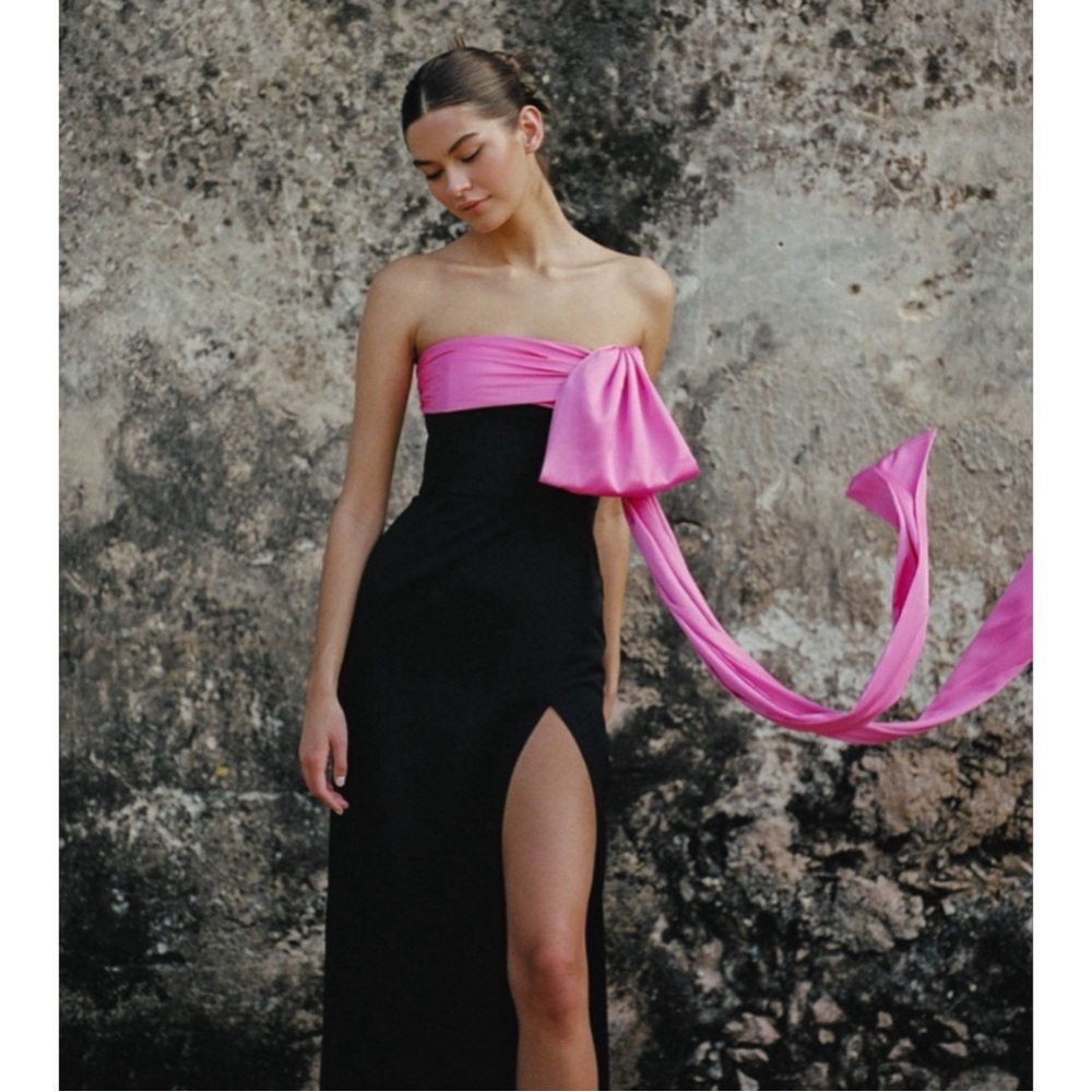 HUTCH NWT BLOGGER Black Pink Satin Drape Strapless Column Maxi Dress Serina Gown - Picture 14 of 17